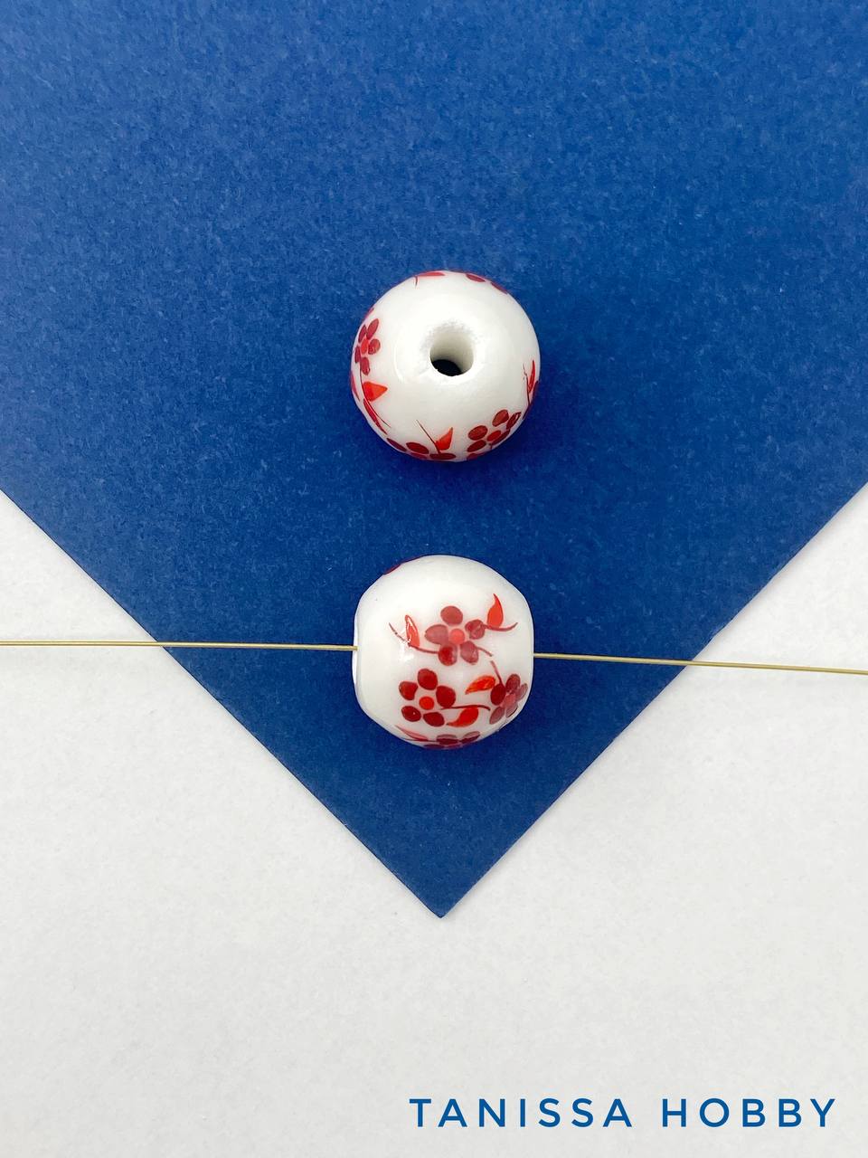 Бусина фарфоровая, керамика, 12мм, круглая, красный, гжель, штука, П303