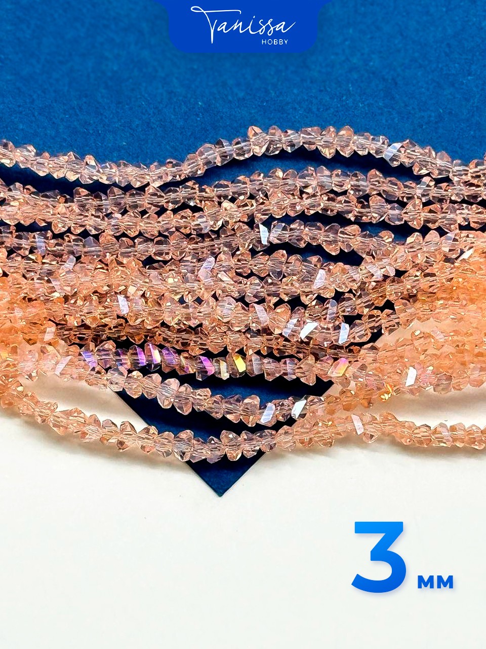 Хрусталь крошка треугольник 3мм, розовый персик АВ, нить. Х206