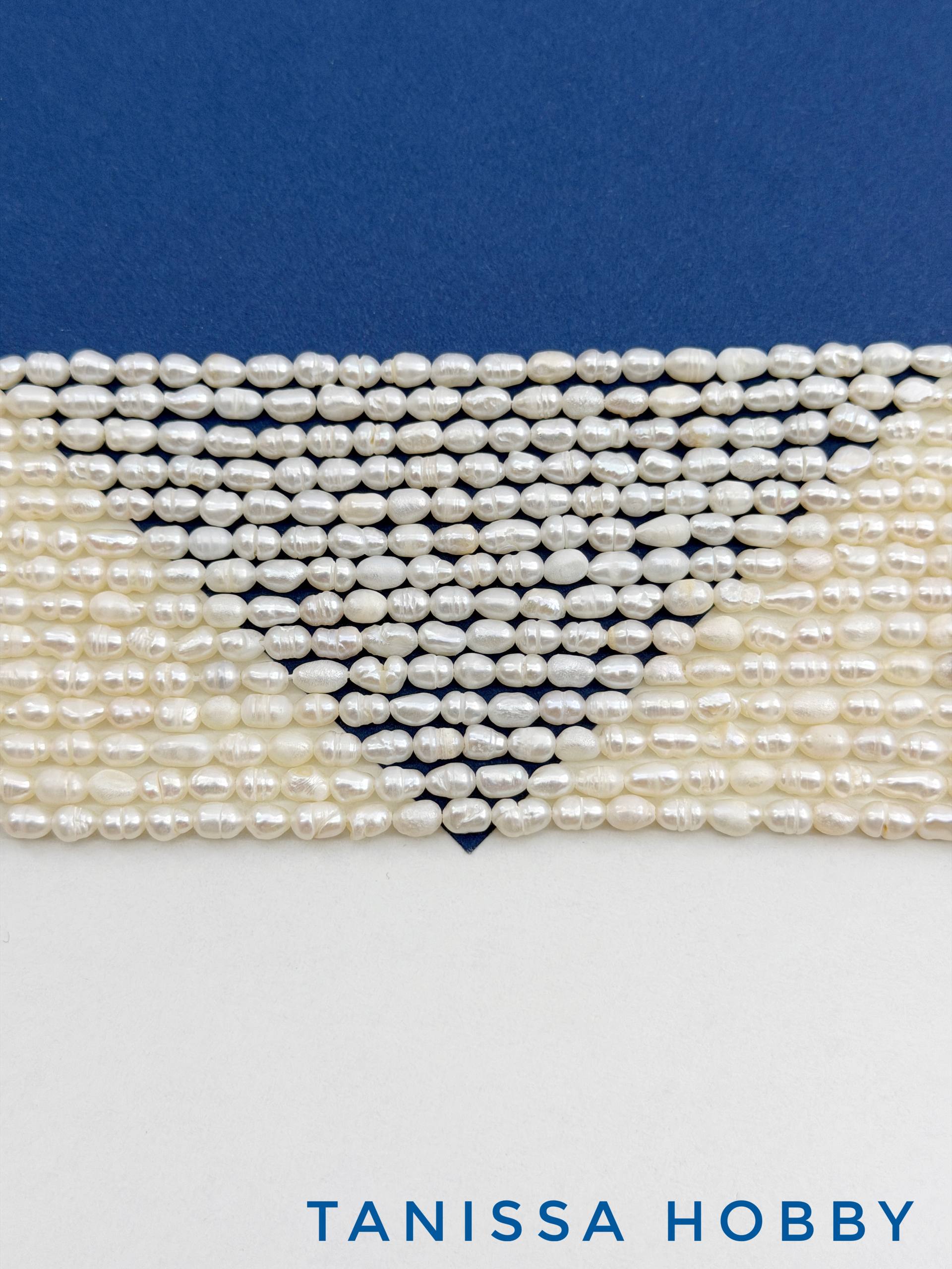 Жемчуг натуральный культивированный, рис, 5мм, 5х4мм, АВ, нить, Ж081