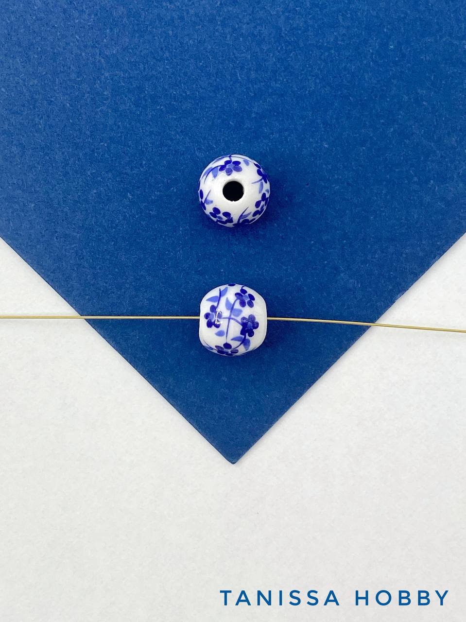 Бусина фарфоровая, керамика, 8мм, круглая, синий, гжель, штука, П296