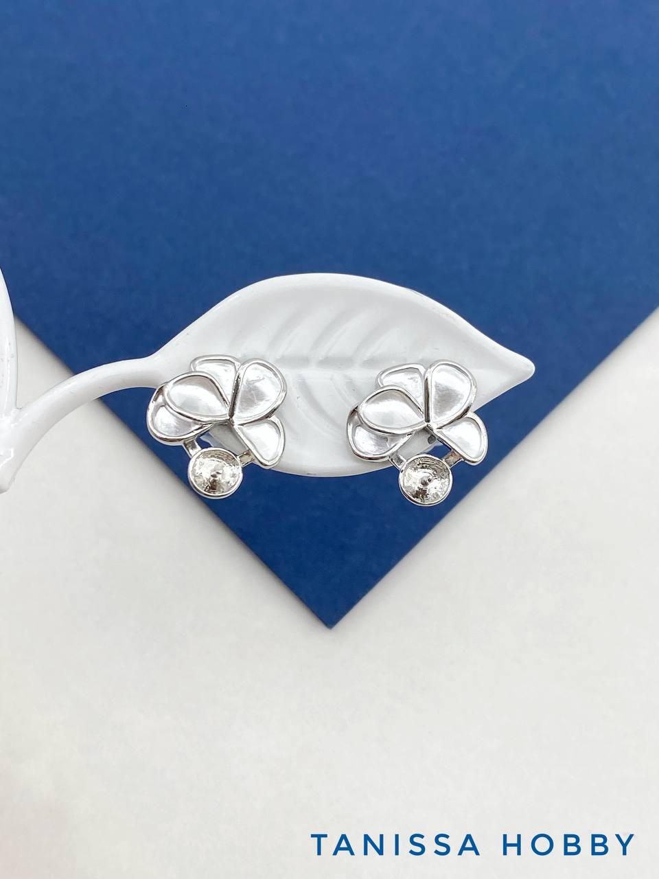 Швензы пусеты цветок, основа для вклейки, родий, ШВ104