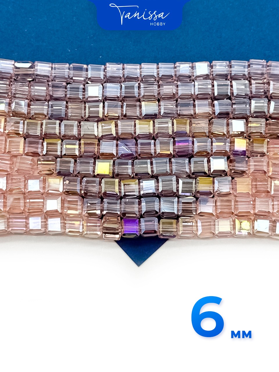 Хрусталь Куб, квадратный, розовый АВ, 6мм, 1/2 нити, Х364