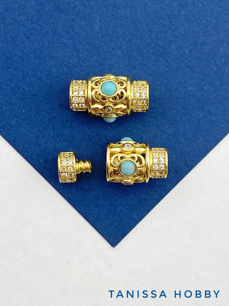 Карабин замок винтовой с бирюзой и фианитами, 10х6мм, позолота, К324