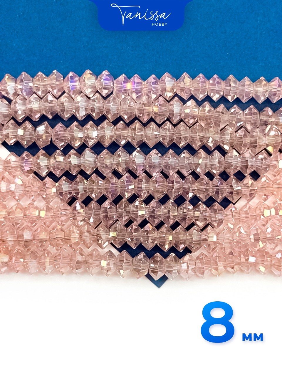 Хрусталь Биконус, плоский, розовый АВ, 8мм, нить, Х355
