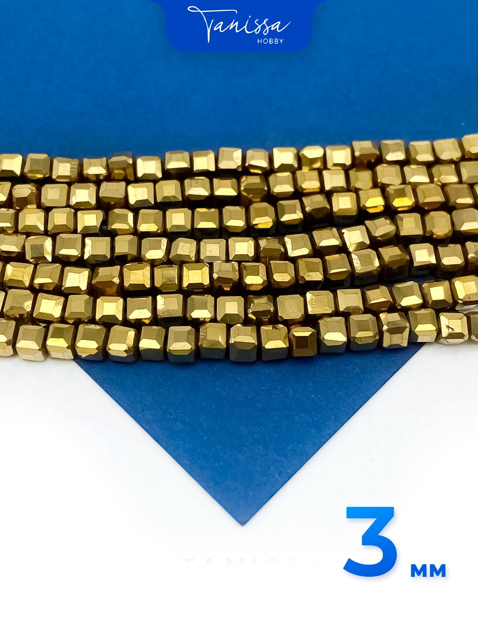 Гематин гематит бусины квадратные, куб, 3мм, золото, нить, ГТ139