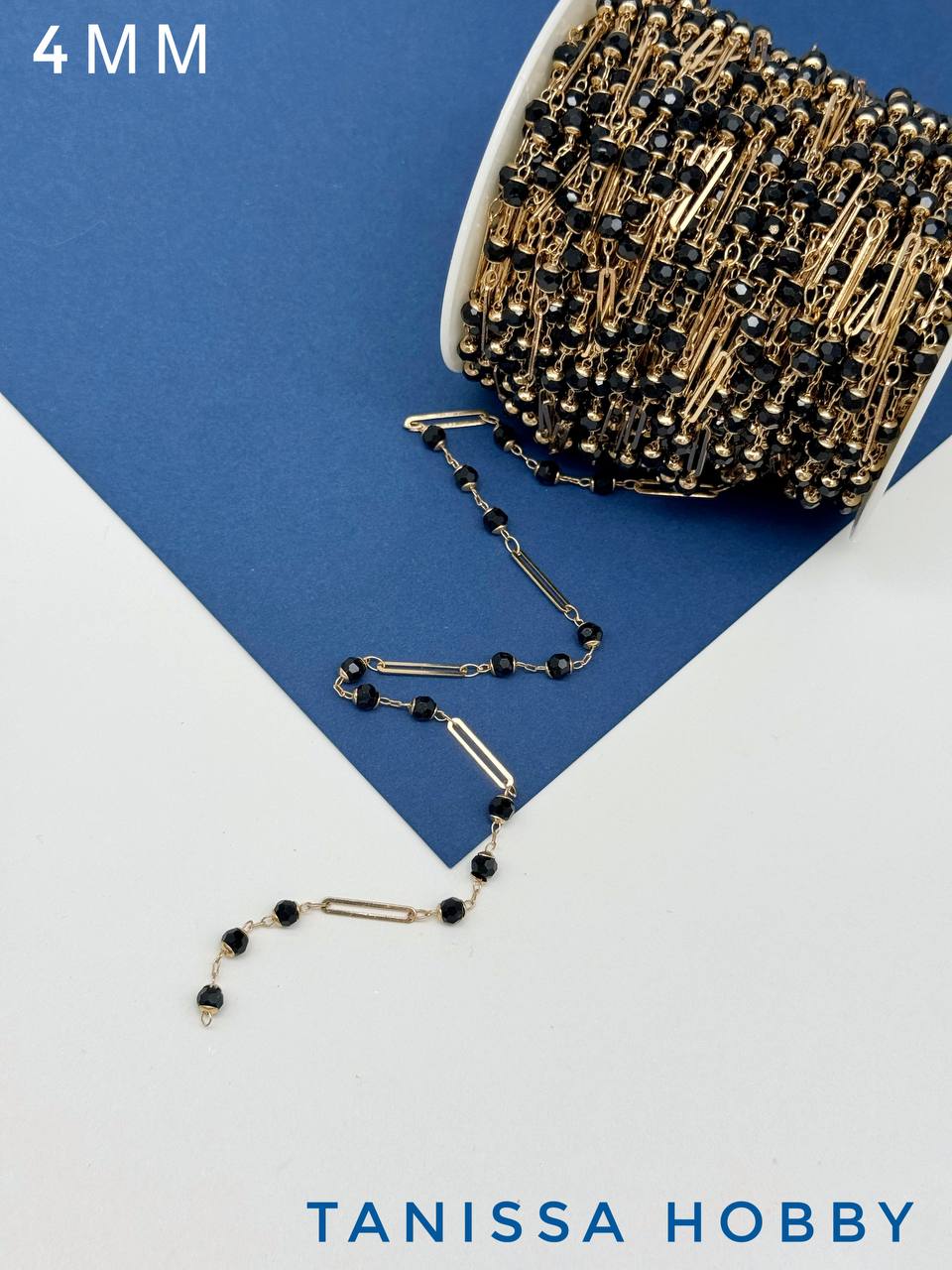 Цепочка тонкая с хрустальными черными ронделями, 50см, позолота, СН209