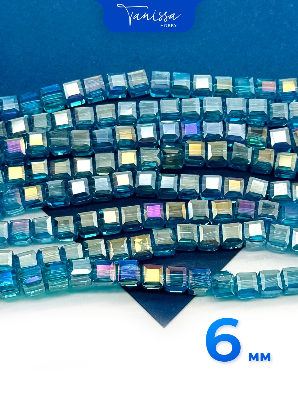 Хрусталь Куб, квадратный, голубой АВ, 6мм, 1/2 нити, Х367