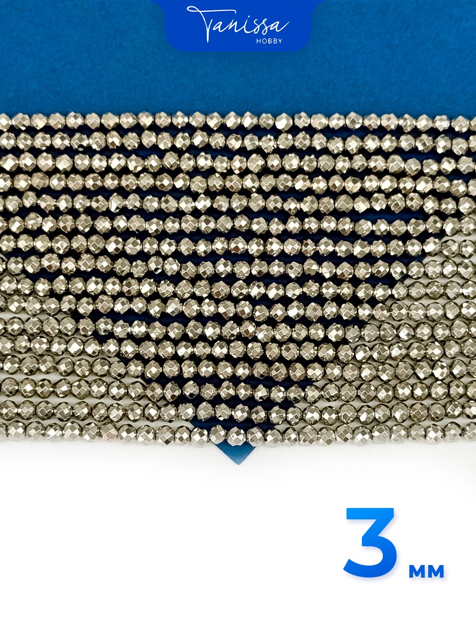 Хрусталь круглый, огранка, 3мм, родий металлик, нить, Х442