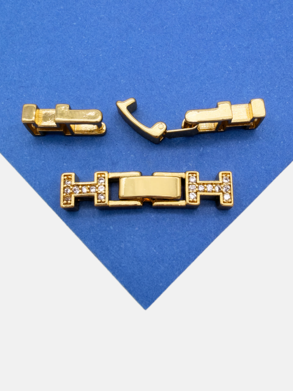 Карабин замок застежка с фианитами, прямоугольный, 29х6мм, позолота, Р024
