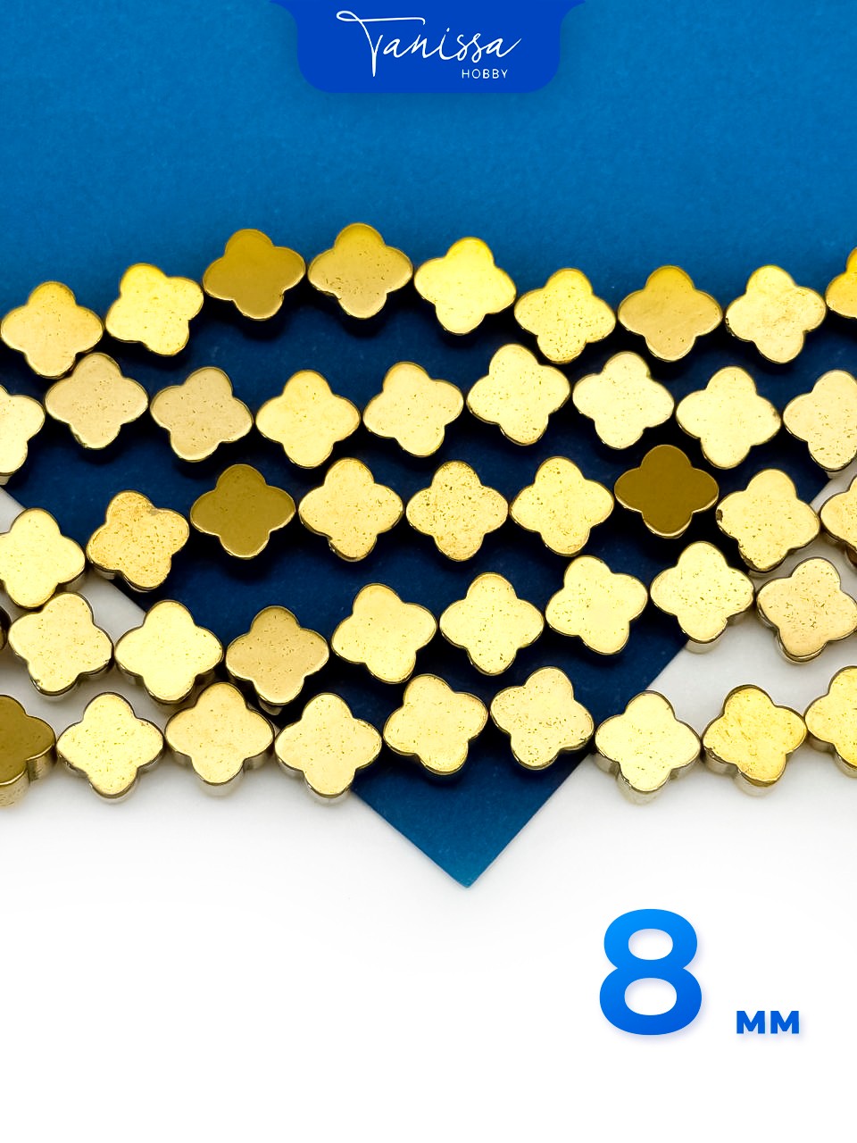 Гематин гематит клевер 8мм, категория В, золото, нить, ГТ016