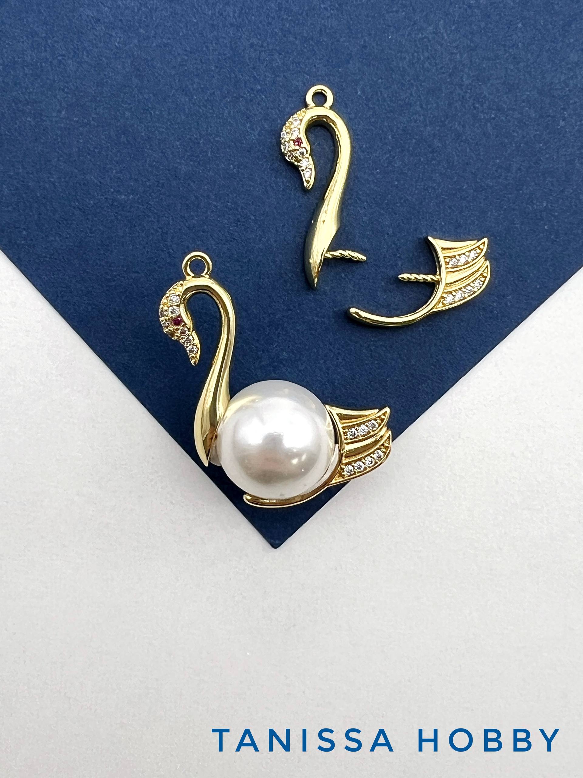 Подвеска лебедь для вклейки - 2 элемента, 25х18мм, позолота, В433