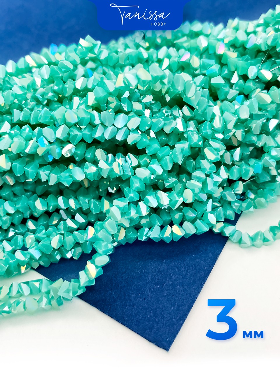 Хрусталь крошка треугольник 3мм, бирюзовый зеленый АВ, нить. Х266