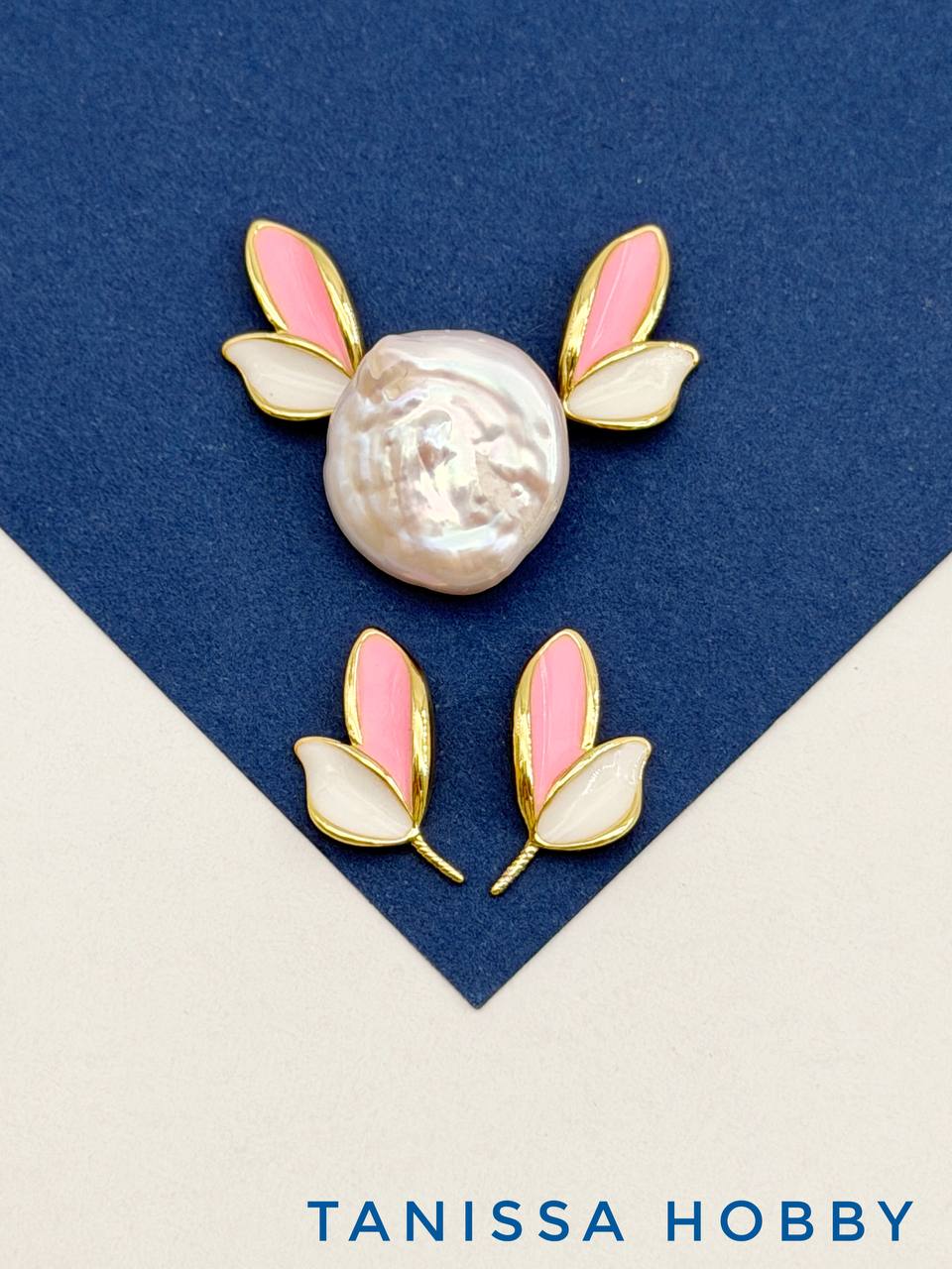 Крылья бабочки для вклейки, 13мм, розовая эмаль, ПАРА, позолота, В512