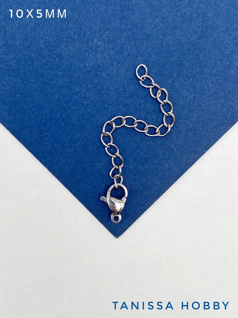 Карабин замок лобстер 10х5мм с цепочкой удлинения, сталь, Ш313