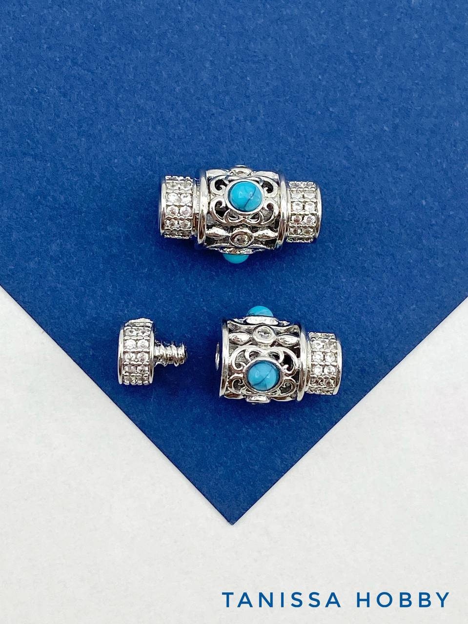 Карабин замок винтовой с бирюзой и фианитами, 10х6мм, родий, К318