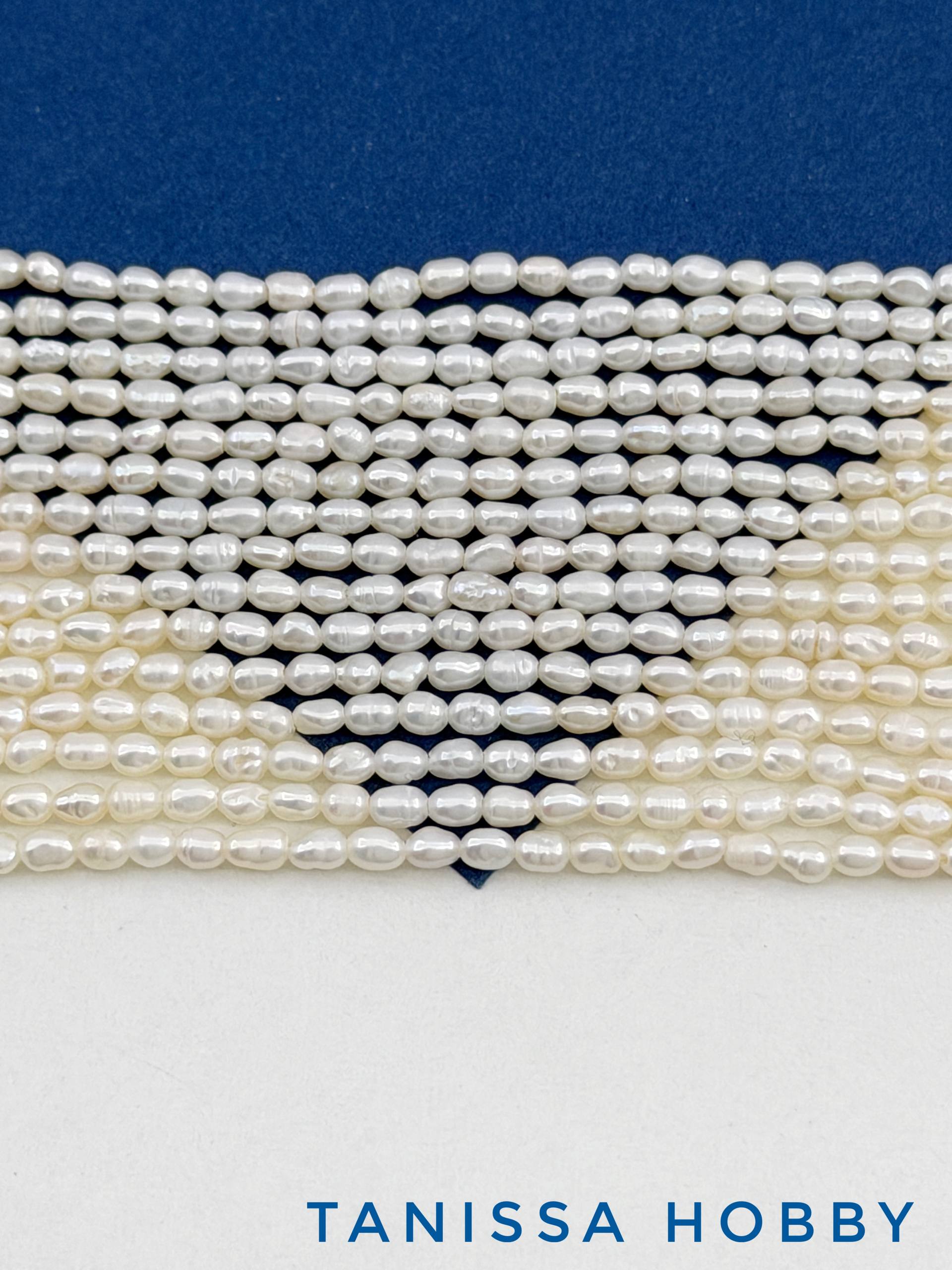 Жемчуг натуральный культивированный, рис, белый, 3-4мм, нить, А-, Ж039