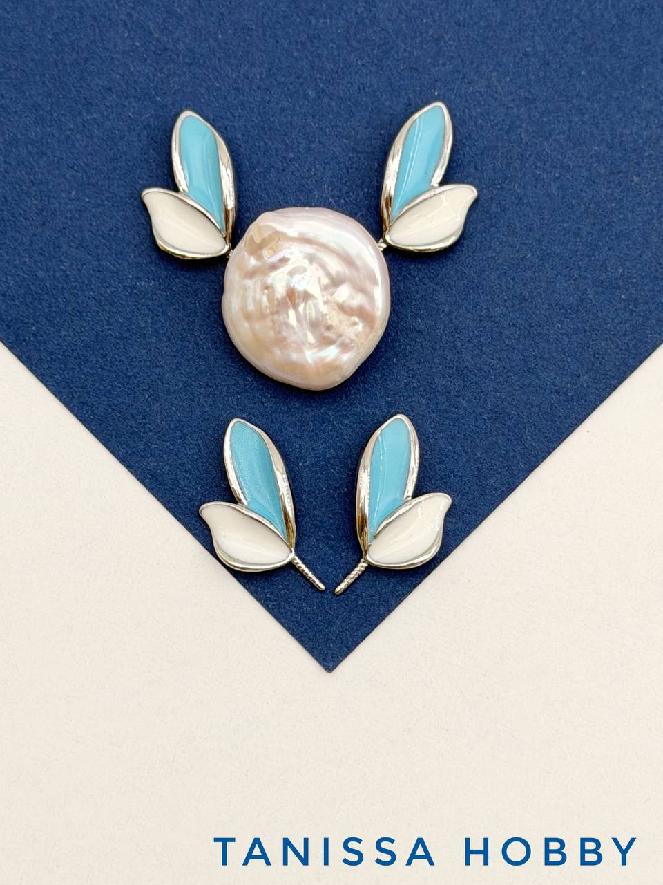 Крылья бабочки для вклейки, 13мм, голубая эмаль, ПАРА, родий, В506