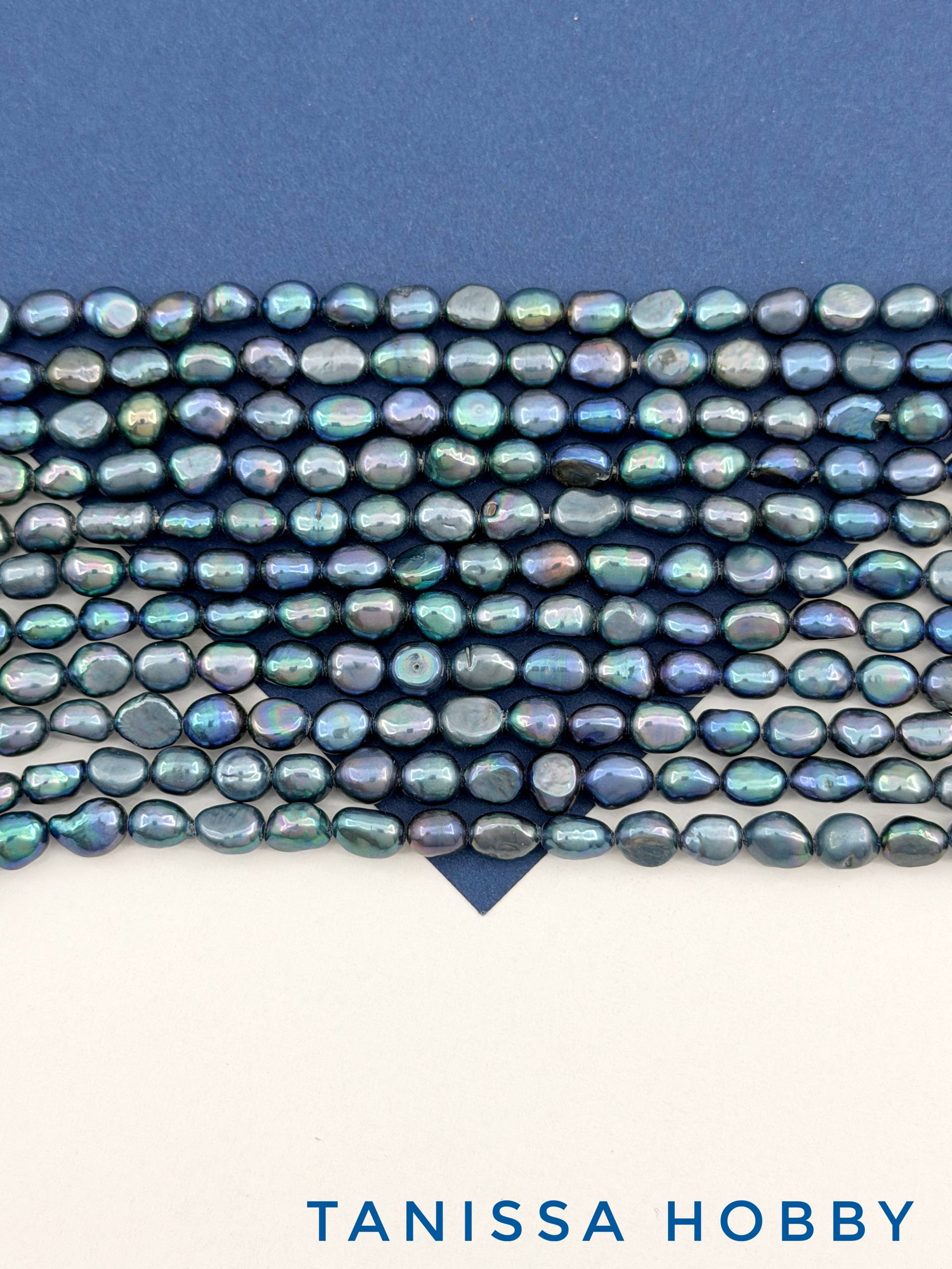 Жемчуг натуральный культивированный, барочный, синий сизый, 7мм, А, нить, Ж084