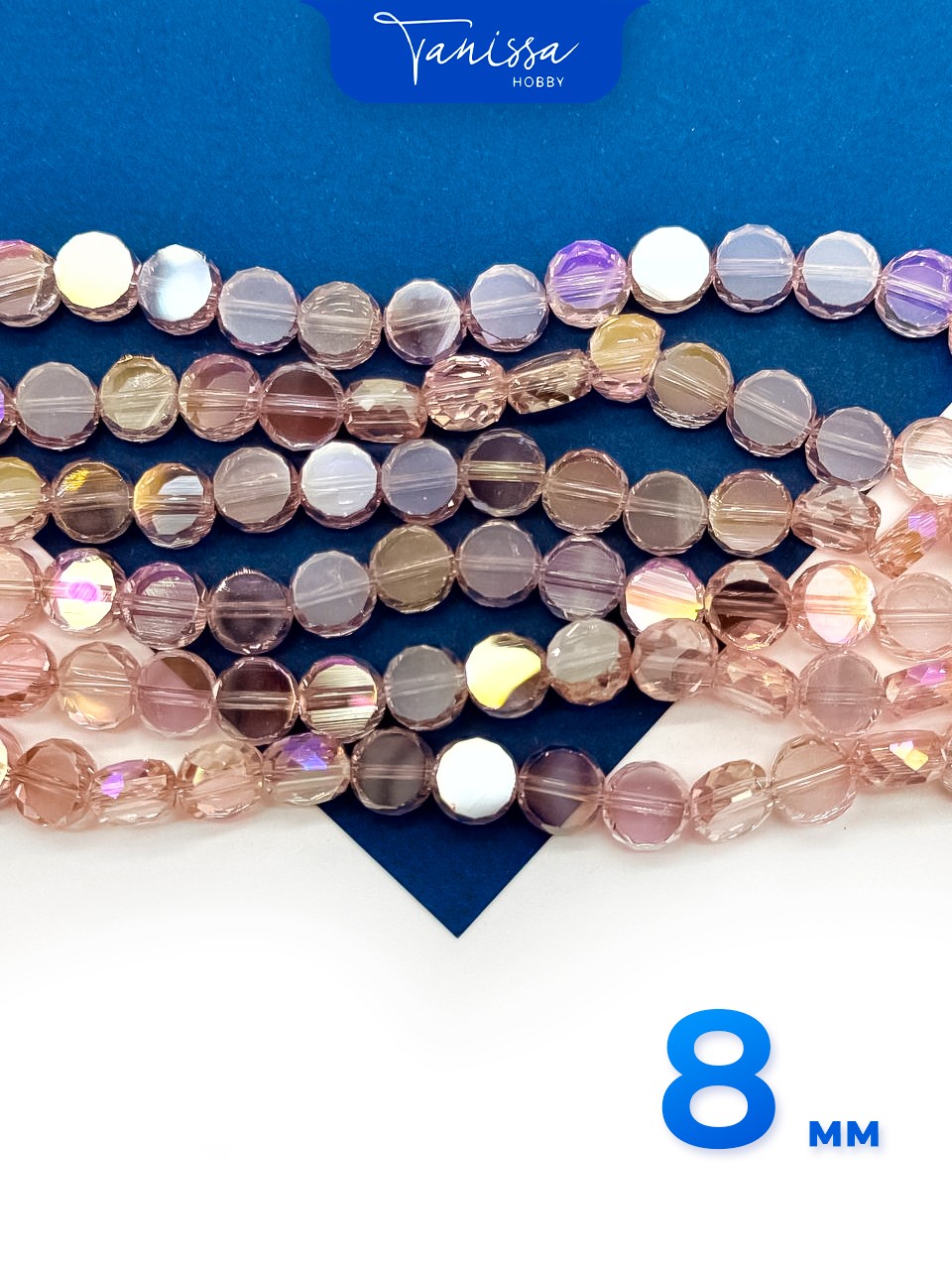 Хрусталь диск, круглый плоский, розовый АВ, 8мм, нить, Х310