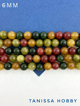 Агат, осенний зеленый бордовый микс, бусины круглые 6мм, нить, Б144