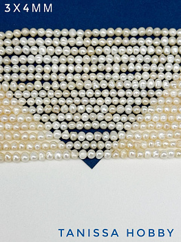 Жемчуг, круглый, яйцо (культивированный), А, 3х4мм, нить, Ж087