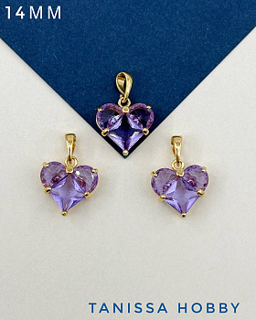 Подвеска сердце фианит фиолетовый 14мм, позолота, Ю319