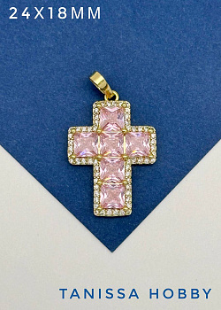 Подвеска крест с фианитами, розовый, позолота, А623