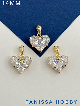 Подвеска сердце фианит прозрачный 14мм, позолота, Ю324