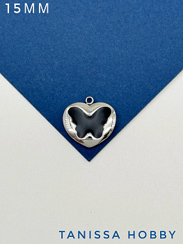Подвеска сердце бабочка, 15мм, черная эмаль, сталь, Ч815