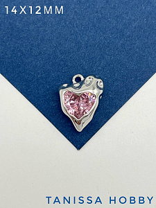 Подвеска сердце, розовый фианит, 14х12мм, родий, Р625