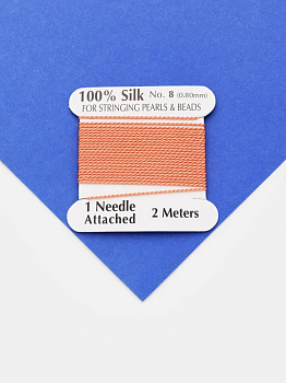 Нить для жемчуга и камней, шелк, 0,8мм, персиковый, катушка 2м + игла в комплекте, Ц092
