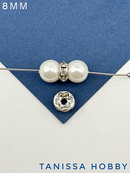 Разделители для бусин шайба с фианитами, 8мм, родий, ШТУКА, Ю618