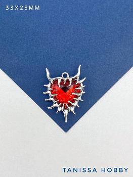 Подвеска сердце шипы, красный, 33х25мм, родий, Ю913