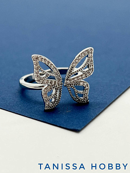 Кольцо безразмерное, бабочка с фианитами, родий, У044