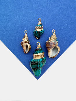 Подвеска ракушка спираль, темный бирюзовый, 23-36мм, позолота, ПМ217