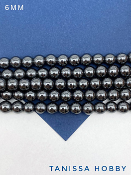 Гематин гематит бусины круглые 6мм, черный, нить, ГТ103