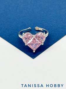 Кольцо безразмерное сердце фианит, розовый, родий, У010