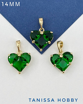 Подвеска сердце фианит зеленый 14мм, позолота, Ю320