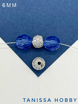 Бусина разделительная, круглая, с фианитами, 6мм, родий, Р301