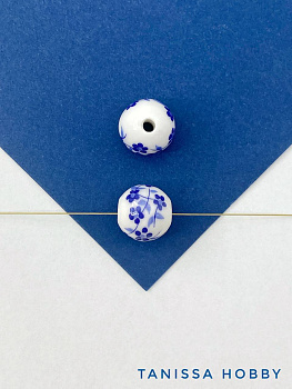 Бусина фарфоровая, керамика, 12мм, круглая, синий, гжель, штука, П302