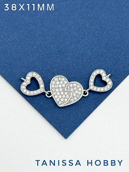 Коннектор тройное сердце с фианитами, родий, С325