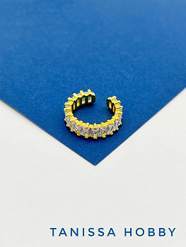 Кольцо багет безразмерное с фианитами, позолота, У017