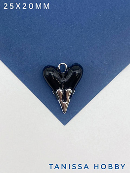 Подвеска сердце 25х20мм, черная эмаль, родий, Д402