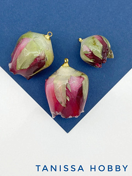 Подвеска цветок, бутон, роза в смоле, бордовый большой, позолота, П018