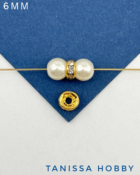 Разделители для бусин шайба с фианитами, 6мм, позолота, ШТУКА, Ю623