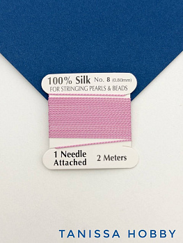 Нить для жемчуга и камней, шелк, 0,8мм, розовый, катушка 2м + игла в комплекте, Ц101