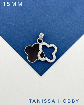 Подвеска клевер фианиты, черная эмаль, 15мм, родий, Ю630
