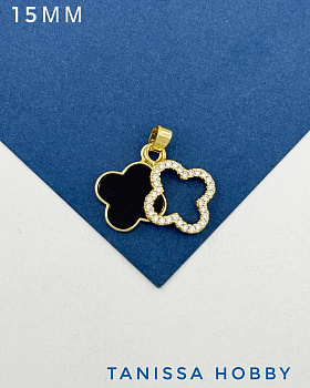 Подвеска клевер фианиты, черная эмаль, 15мм, позолота, Ю636