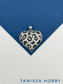 Подвеска сердце леопард черный с фианитами, 23мм, родий, Д525