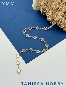 Цепочка тонкая, хрусталь 7мм, прозрачный, 50см, позолота, СН206